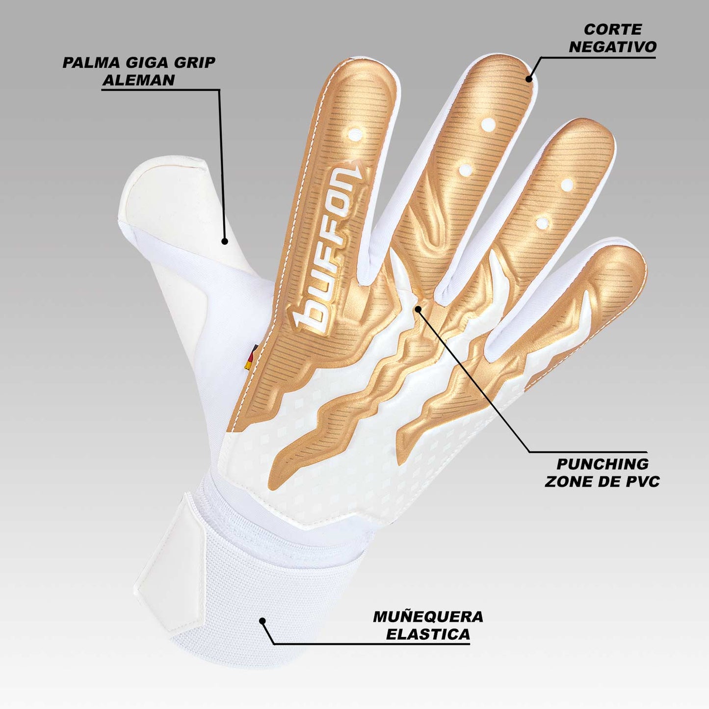 GUANTE BUFFON CERBERO ULTRA BLANCO DORADO SIN FERULAS